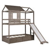 Twin Over Twin Bunk Bed with Two Storage Drawers and Slide, House-Shaped Wood Bunk Bed, Antique Gray (OLD SKU:LP000089AAE) - Home Elegance USA