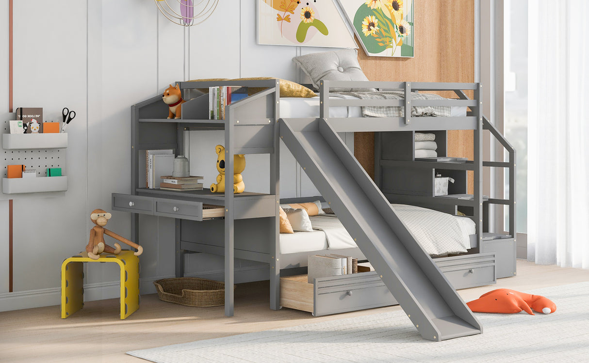 Twin over Twin Bunk Bed with Storage Staircase, Slide and Drawers, Desk with Drawers and Shelves, Gray - Home Elegance USA