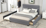 Queen Upholstered Platform Bed with Twin Size Trundle and Two Drawers,Grey - Home Elegance USA