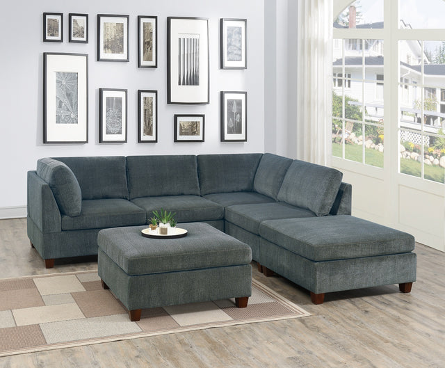 Living Room Furniture Grey Chenille Modular Sectional 6pc Set Corner L-Sectional Modern Couch 2x Corner Wedge 2x Armless Chairs and 2x Ottomans Plywood - Home Elegance USA