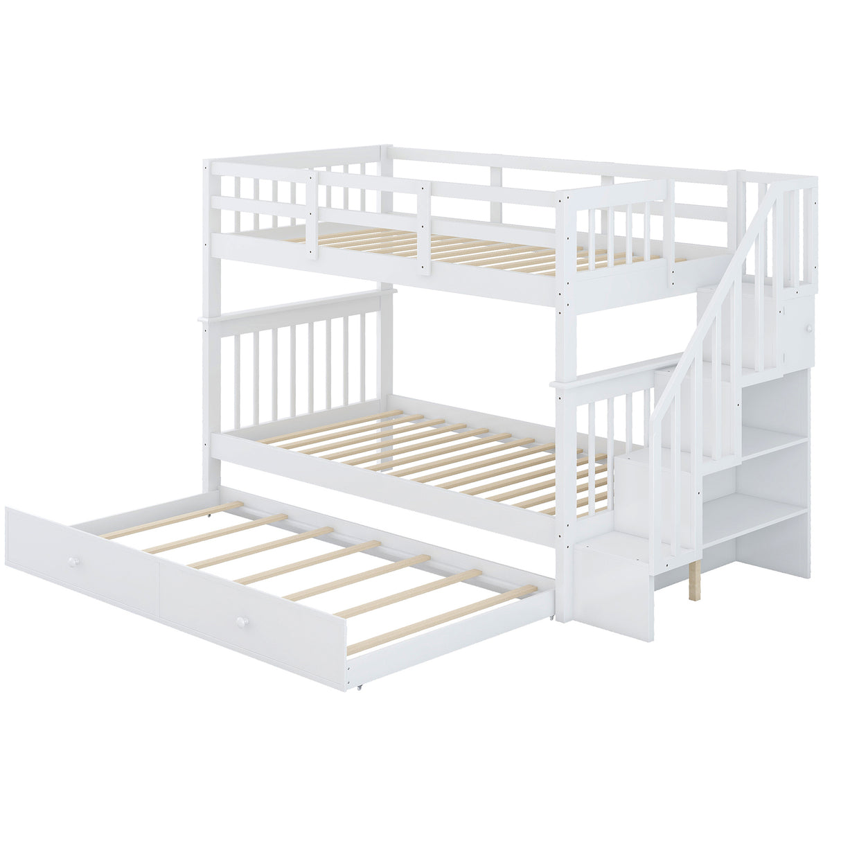 Stairway Twin-Over-Twin Bunk Bed with Twin size Trundle for Bedroom, Dorm, Adults, White( old sku: LP000209AAK ) - Home Elegance USA