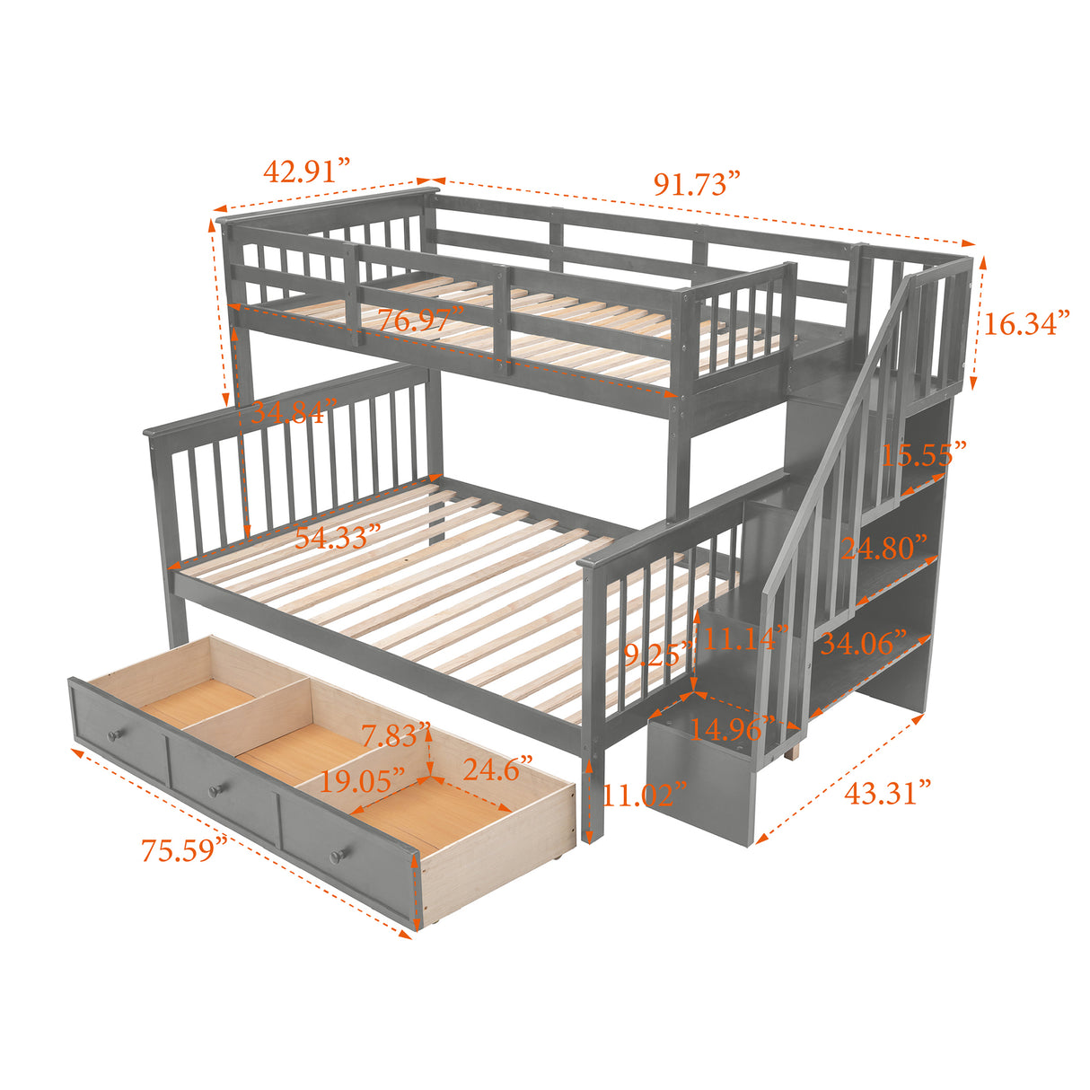 Stairway Twin-Over-Full Bunk Bed with Drawer, Storage and Guard Rail for Bedroom, Dorm, for Adults, Gray color(Old SKU: LP000219AAE) - Home Elegance USA