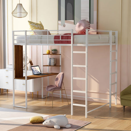 Full Size Metal Loft Bed with 2 Shelves and one Desk ,White (Old SKU: LP000191AAK )