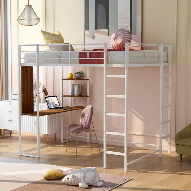 Full Size Metal Loft Bed with 2 Shelves and one Desk ,White (Old SKU: LP000191AAK )