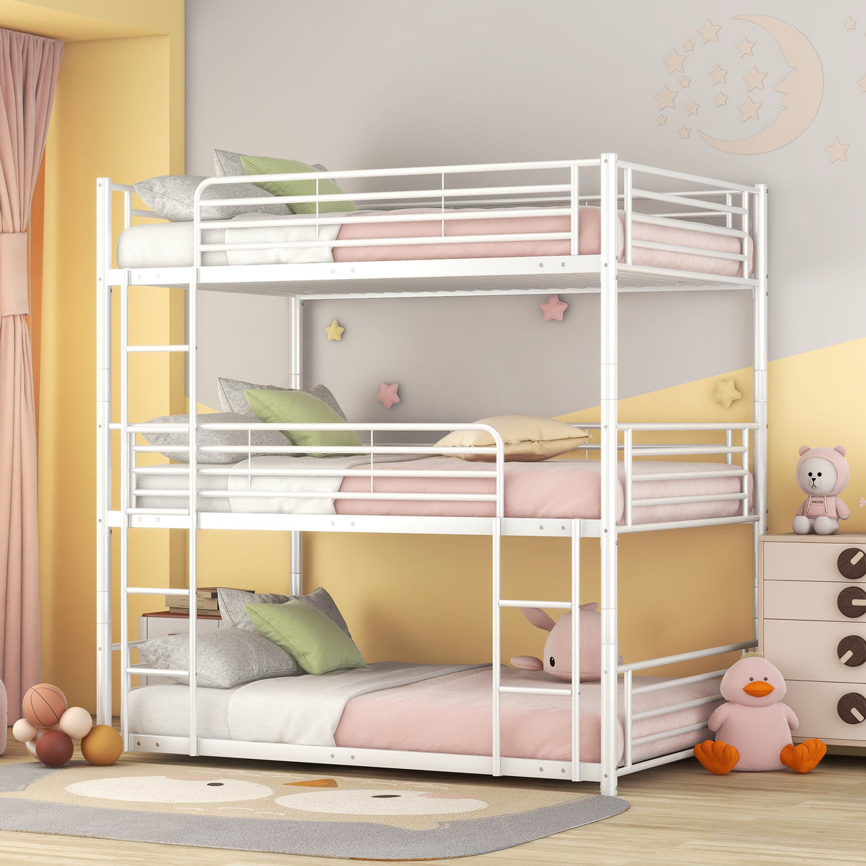 Full-Full-Full Metal  Triple Bed  with Built-in Ladder, Divided into Three Separate Beds,White - Home Elegance USA