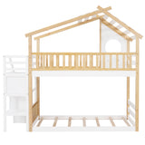 Stairway Twin-Over-Twin Bunk Bed,House Bed,Storage and Guard Rail,Natural Bed +White Stair - Home Elegance USA