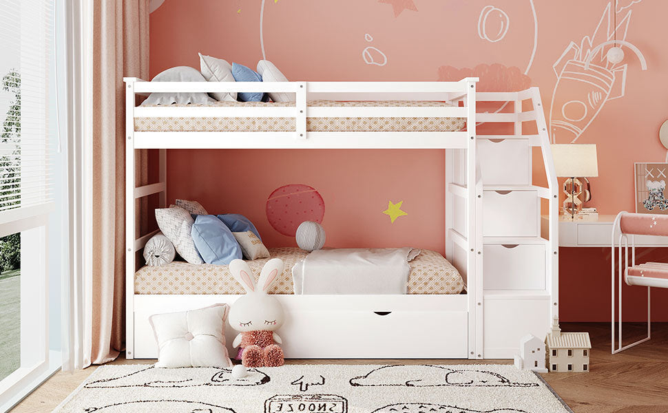 Twin-Over-Twin Bunk Bed with Twin Size Trundle and 3 Storage Stairs,White(OLD SKU :LP000064AAK) - Home Elegance USA