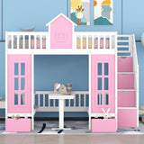 Full-Over-Full Bunk Bed with Changeable Table , Bunk Bed Turn into Upper Bed and Down Desk - Pink - Home Elegance USA