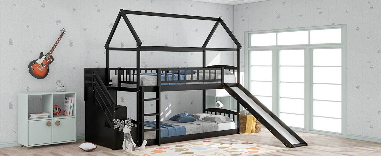 Twin Over Twin Bunk Bed with Drawers and Slide, House Bed with Slide,Espresso(OLD SKU :LT000215AAP) - Home Elegance USA