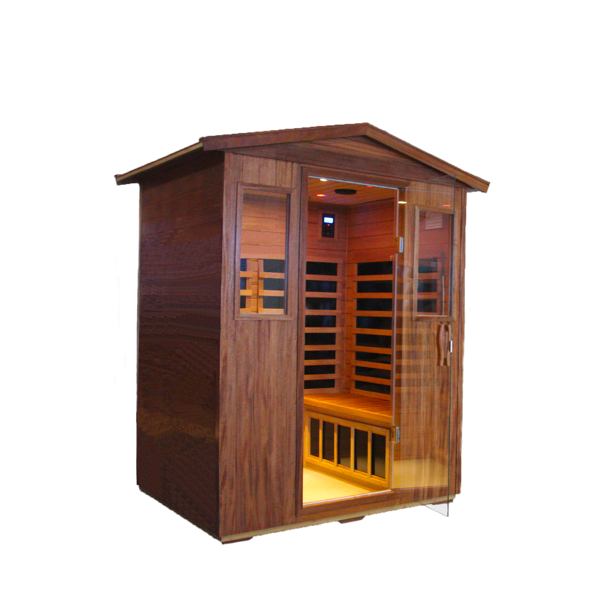 Outdoor Sauna for 4 Person,applicable indoors and outdoors. Far Infrared Sauna 8 Low EMF Heaters, Wooden Sauna Room 2050 Watt, mahogany wood, Chromotherapy, Bluetooth Speaker, LCD, LED.