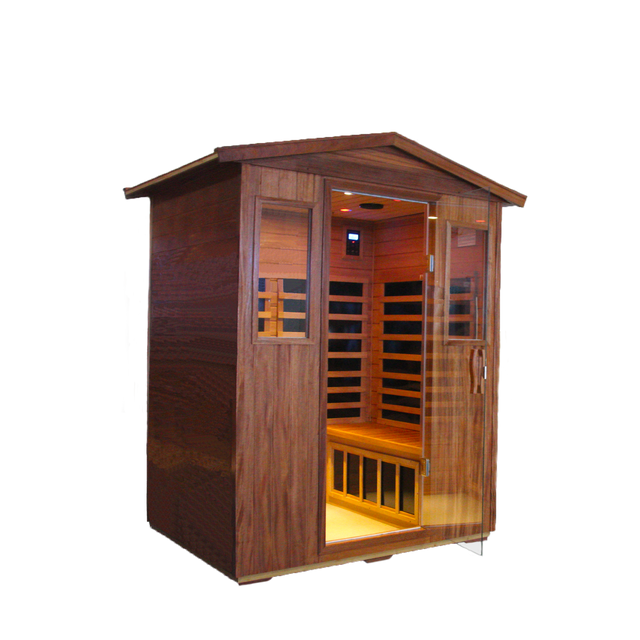 Outdoor Sauna for 4 Person,applicable indoors and outdoors. Far Infrared Sauna 8 Low EMF Heaters, Wooden Sauna Room 2050 Watt, mahogany wood, Chromotherapy, Bluetooth Speaker, LCD, LED.