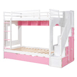 Twin Over Twin Bunk Bed with Trundle ,Stairs,Ladders Solid Wood Bunk bed with Storage Cabinet （White + Pink） - Home Elegance USA