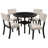 TREXM 5-Piece Kitchen Dining Table Set Round Table with Bottom Shelf, 4 Upholstered Chairs for Dining Room（Espresso） - Home Elegance USA