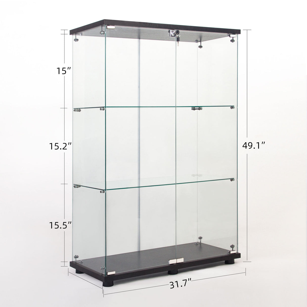 Two-door Glass Display Cabinet 3 Shelves with Door, Floor Standing Curio Bookshelf for Living Room Bedroom Office, 49.49” x 31.77”x 14.37”, Black Home Elegance USA