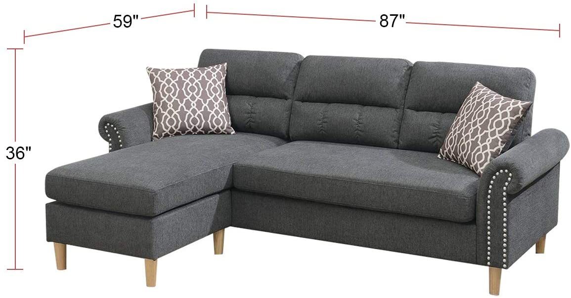 Slate Color Polyfiber Reversible Sectional Sofa Set Chaise Pillows Plush Cushion Couch Nailheads - Home Elegance USA