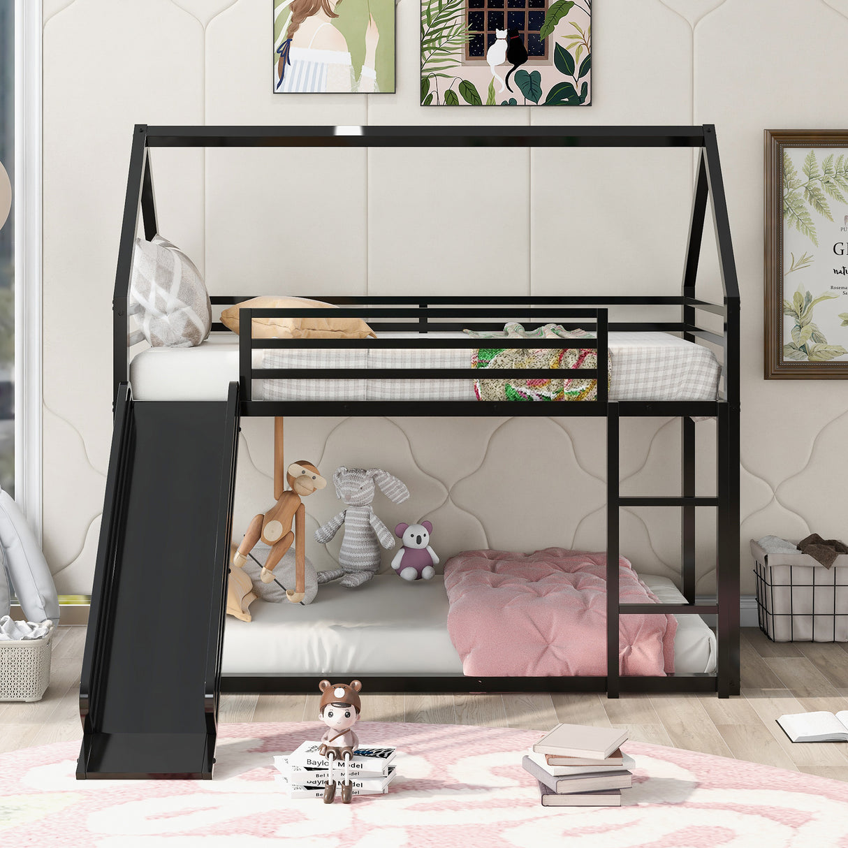 Twin over Twin House Bunk Bed with Ladder and Slide,Black - Home Elegance USA