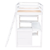 Twin Size Loft Bed with Ladder, Shelves, and Desk, White - Home Elegance USA