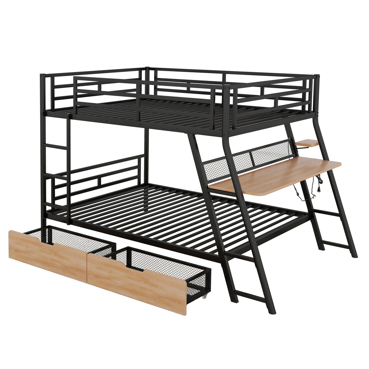 Full Size Metal Bunk Bed with Built-in Desk, Light and 2 Drawers, Black(Expected Arrival Time: 9.18)