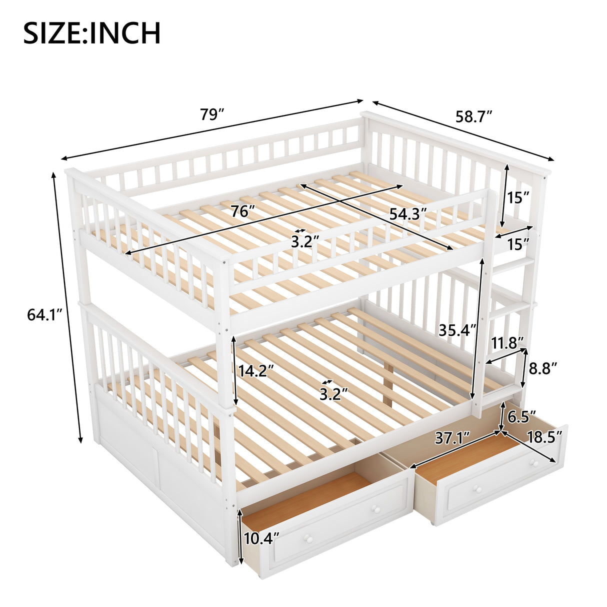 Full over Full Bunk Bed with Drawers, Convertible Beds, White(OLD SKU:SM000241AAK) - Home Elegance USA