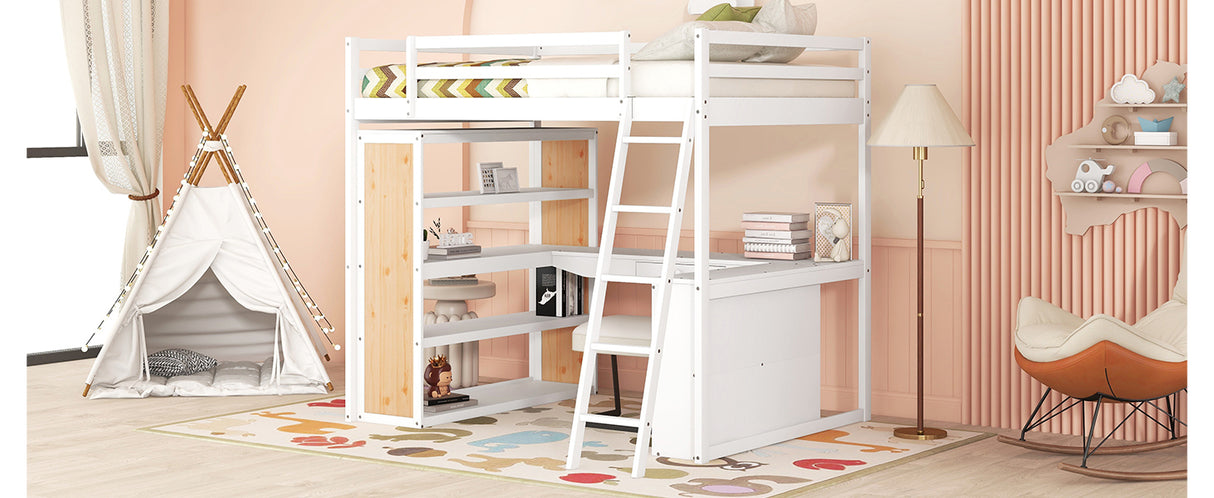 Full Size Loft Bed with Ladder, Shelves, and Desk, White - Home Elegance USA