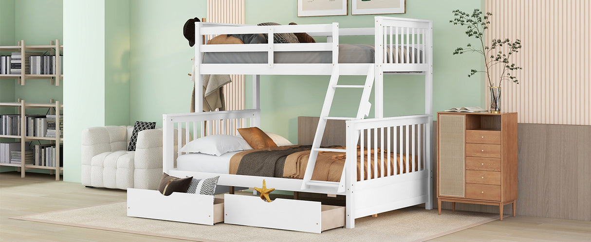Twin-Over-Full Bunk Bed with Ladders and Two Storage Drawers (White) ( old sku:LT000165AAK） - Home Elegance USA