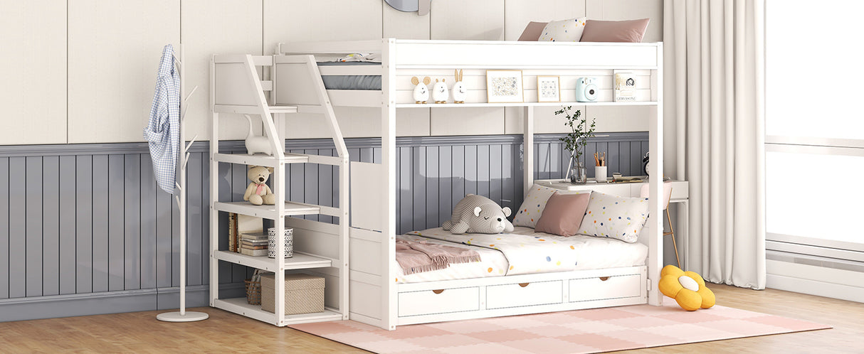 Wood Full Size Convertible Bunk Bed with Storage Staircase, Bedside Table, and 3 Drawers, White - Home Elegance USA