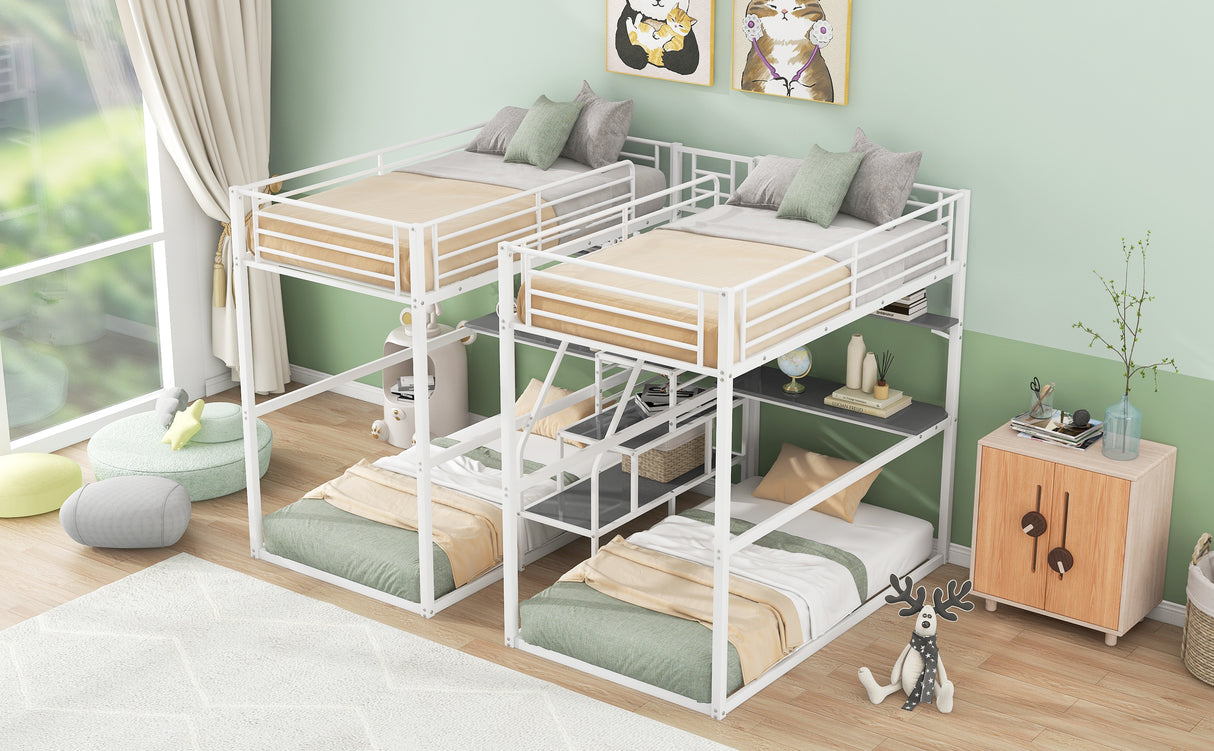 Double Twin over Twin Metal Bunk Bed with Desk, Shelves and Storage Staircase, White - Home Elegance USA