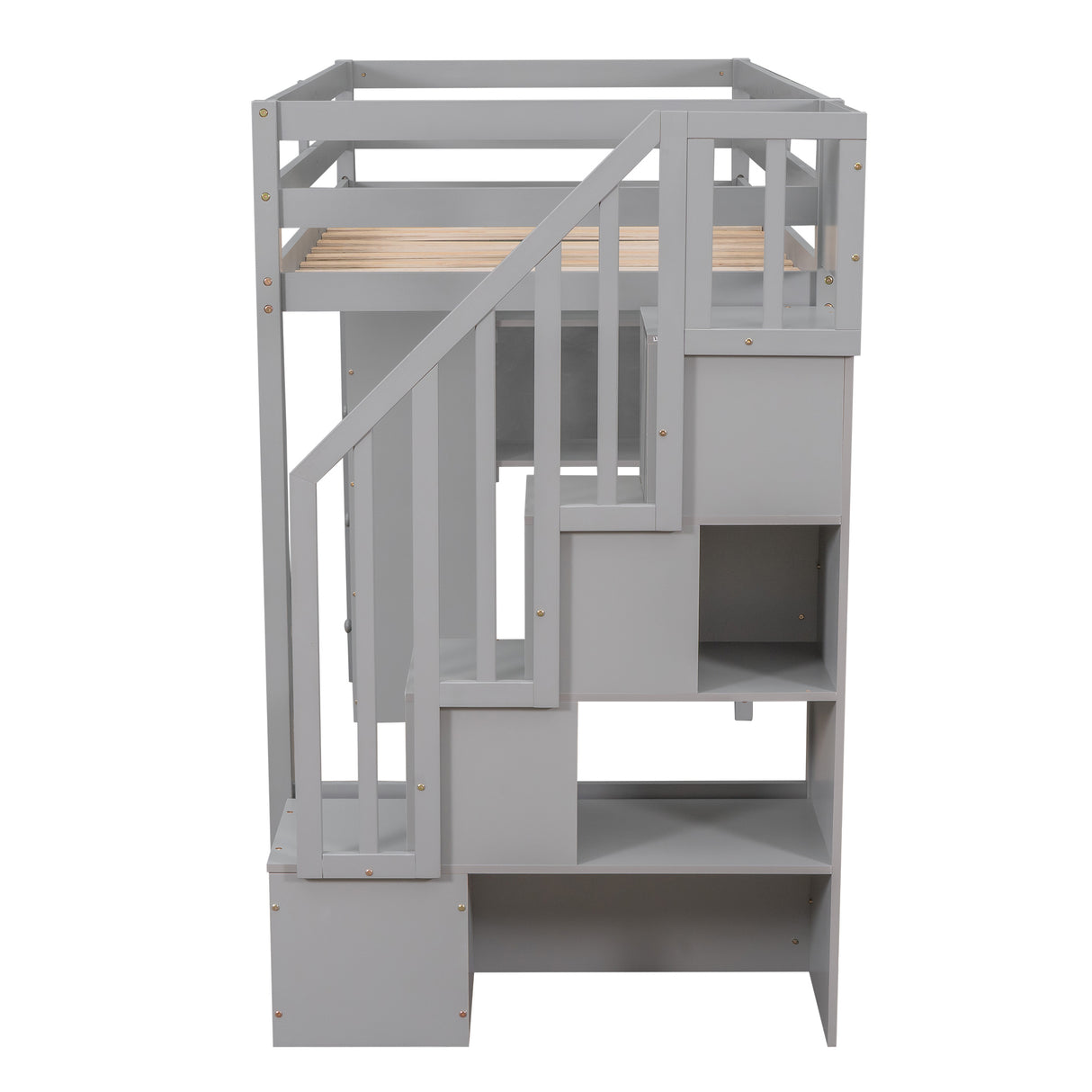 Twin size Loft Bed with Storage Drawers and Stairs, Wooden Loft Bed with Shelves - Gray - Home Elegance USA