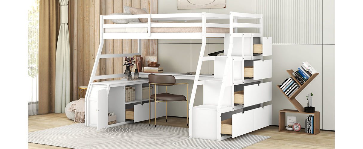 Twin Size Loft Bed with with 7 Drawers 2 Shelves and Desk - White - Home Elegance USA