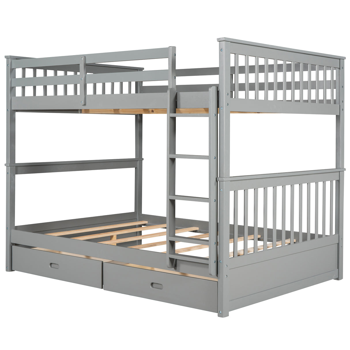 Full-Over-Full Bunk Bed with Ladders and Two Storage Drawers (Gray) - Home Elegance USA