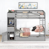 Twin Size Bunk Bed with Trundle and Attached Multifunctional Locker,Gray - Home Elegance USA