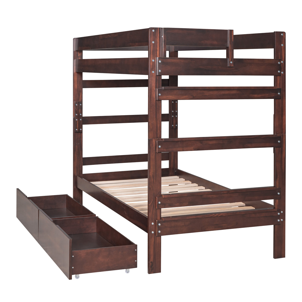 Twin over Twin Wood Bunk Bed with 2 Drawers, Espresso - Home Elegance USA