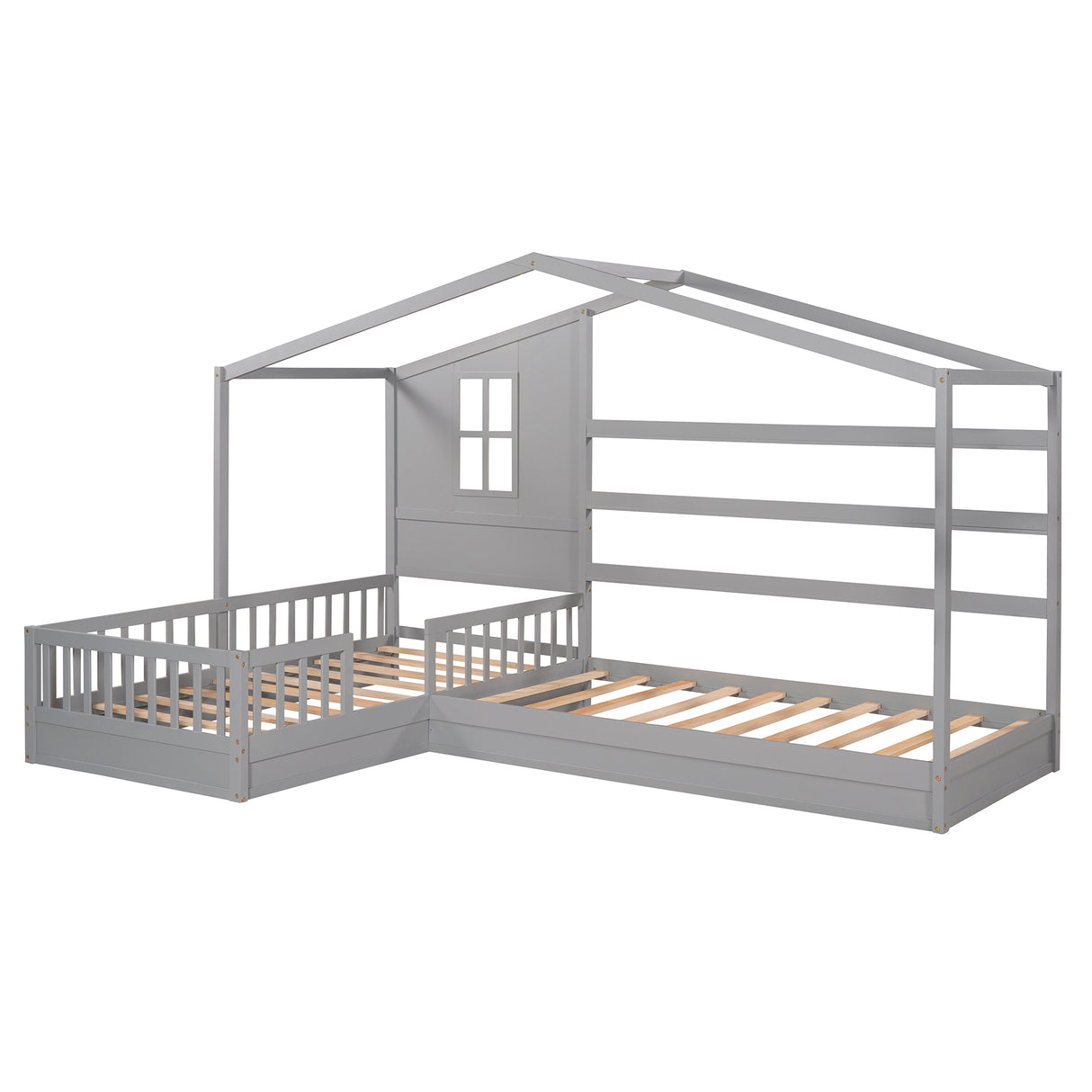 Wood House Bed Twin Size, 2 Twin Solid Bed L structure with fence and slatted frame （Gray) - Home Elegance USA