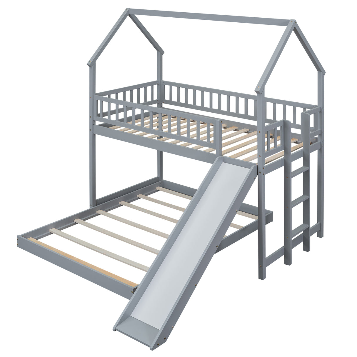 Twin over Full House Bunk Bed with Slide and Built-in Ladder, Full-Length Guardrail, Gray (Expected Arrival Time:8.10) - Home Elegance USA