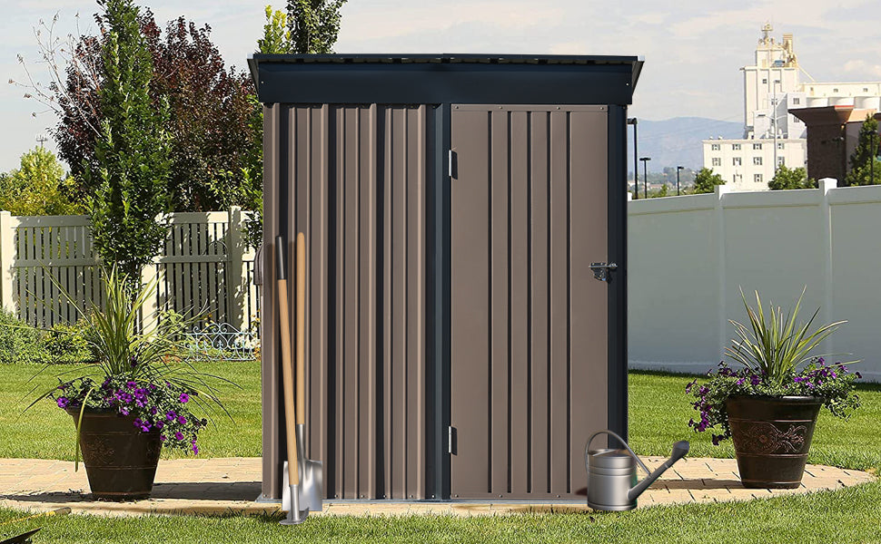 TOPMAX Patio 5ft Wx3ft. L Garden Shed, Metal Lean-to Storage Shed with Lockable Door, Tool Cabinet for Backyard, Lawn, Garden, Brown