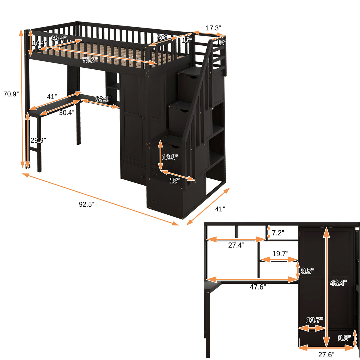 Twin size Loft Bed with Bookshelf,Drawers,Desk,and Wardrobe-Espresso - Home Elegance USA