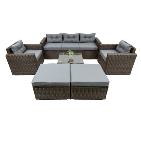 6 Piece Patio Rattan Wicker Outdoor Furniture Conversation Sofa Set with Removeable Cushions and Temper glass TableTop - W329S00061 - image - 4