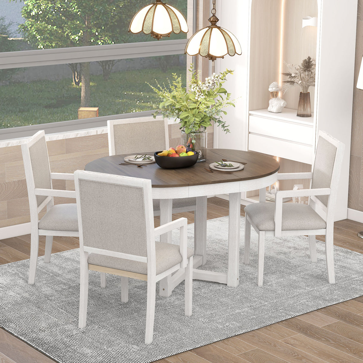 TREXM 5-Piece Dining Table Set, Two-Size Round To Oval Extendable Butterfly Leaf Wood Dining Table and 4 Upholstered Dining Chairs with Armrests (Brown+White) - Home Elegance USA