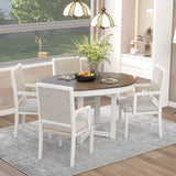 TREXM 5-Piece Dining Table Set, Two-Size Round To Oval Extendable Butterfly Leaf Wood Dining Table and 4 Upholstered Dining Chairs with Armrests (Brown+White) - Home Elegance USA