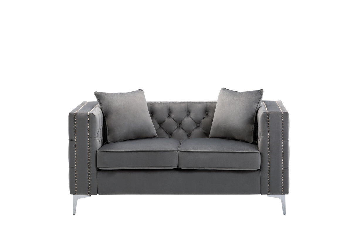 Lorreto Gray Velvet Fabric Sofa Loveseat Chair Living Room Set Home Elegance USA