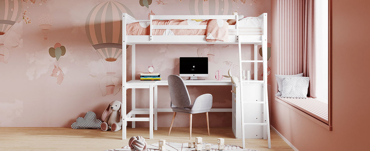 Twin size Loft Bed with Shelves and Desk, Wooden Loft Bed with Desk - White(OLD SKU:LT000537AAK) - Home Elegance USA