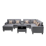 Nolan Gray Linen Fabric 8Pc Reversible Chaise Sectional Sofa with Interchangeable Legs, Pillows, Storage Ottoman, and a USB, Charging Ports, Cupholders, Storage Console Table - Home Elegance USA