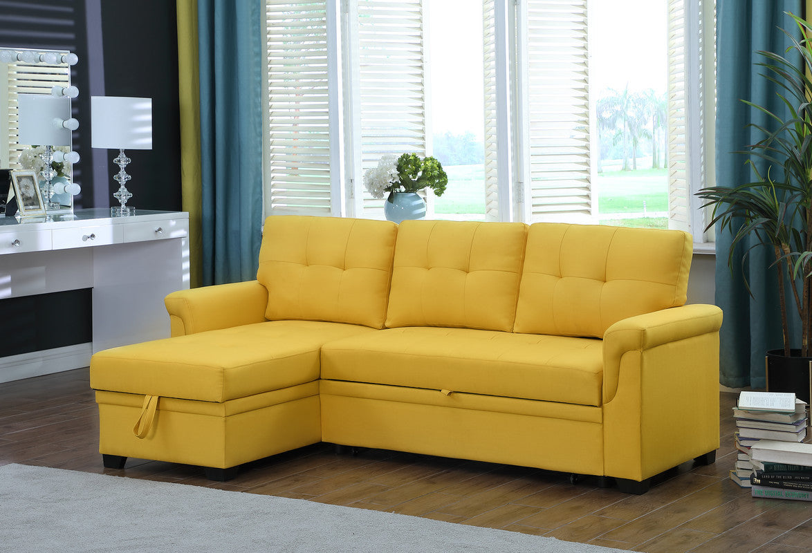 Lucca Yellow Linen Reversible Sleeper Sectional Sofa with Storage Chaise - Home Elegance USA