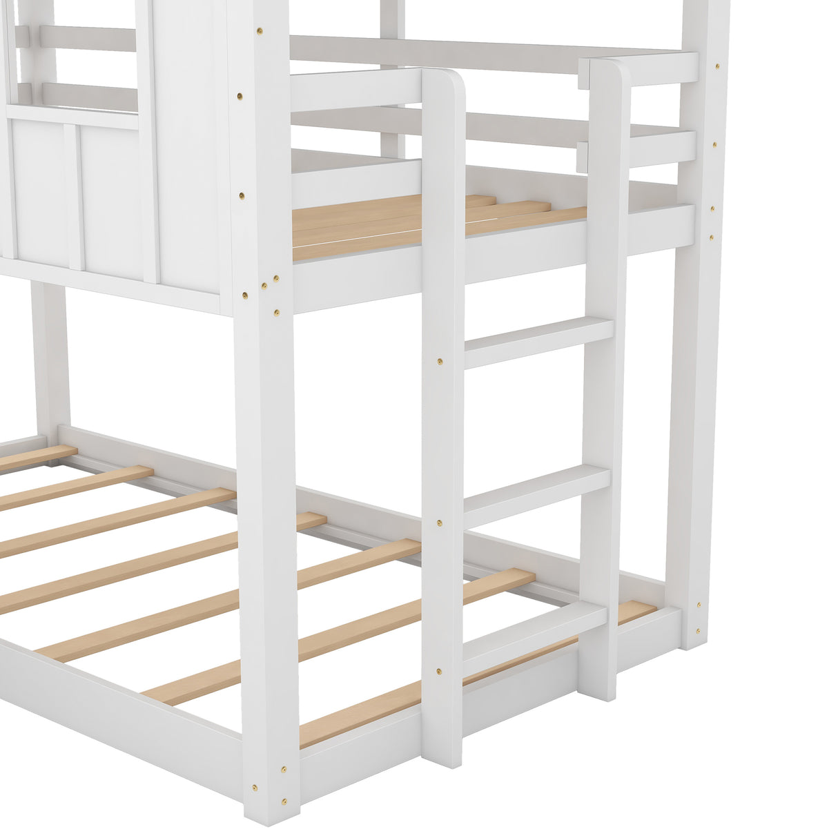 Twin over Twin House Bunk Bed with Slide and Windows,White - Home Elegance USA