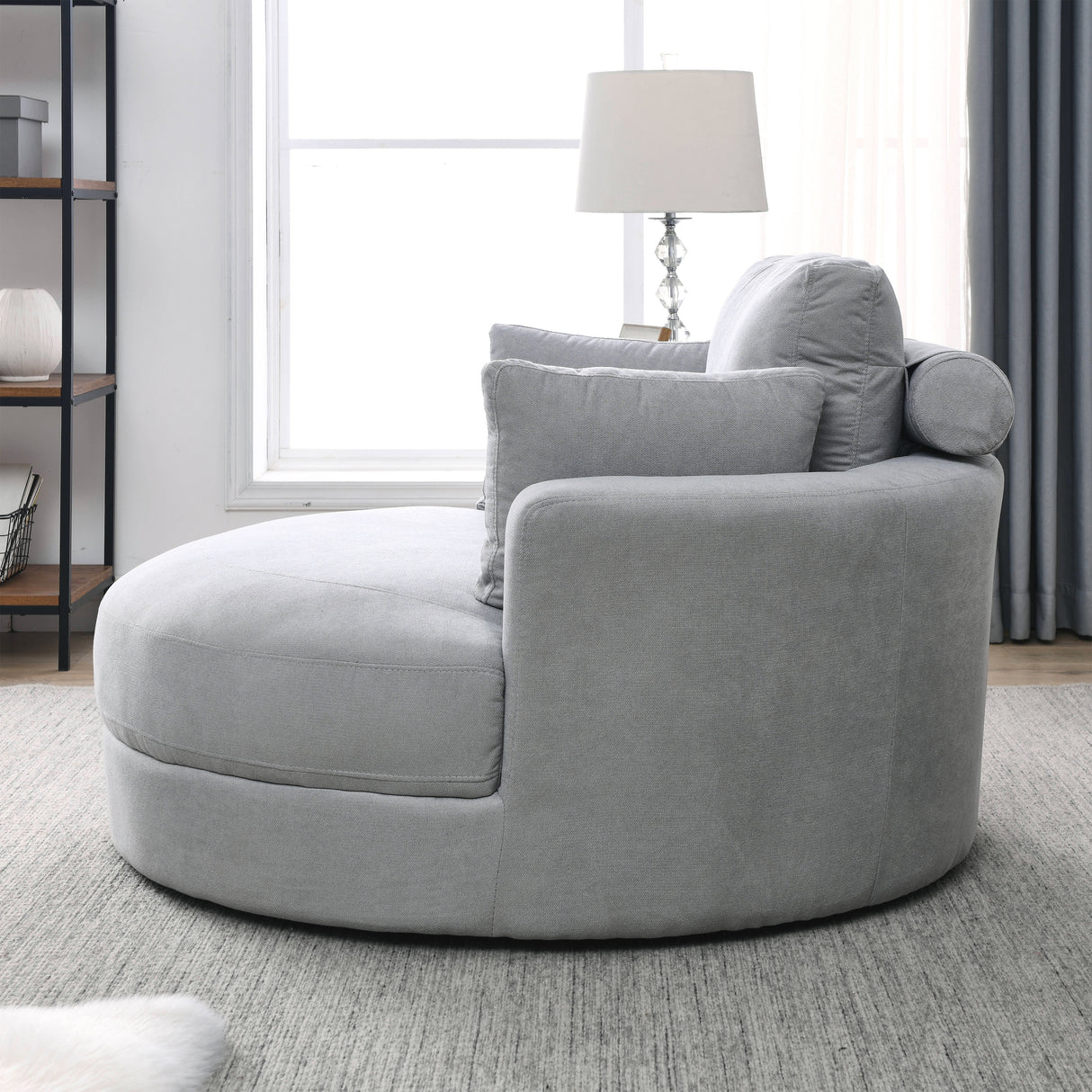 [Video] Welike Swivel Accent Barrel Modern Grey Sofa Lounge Club Big Round Chair with Storage Ottoman Linen Fabric for Living Room Hotel with Pillows Home Elegance USA