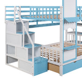 Full-Over-Full Castle Style Bunk Bed with 2 Drawers 3 Shelves and Slide - Blue