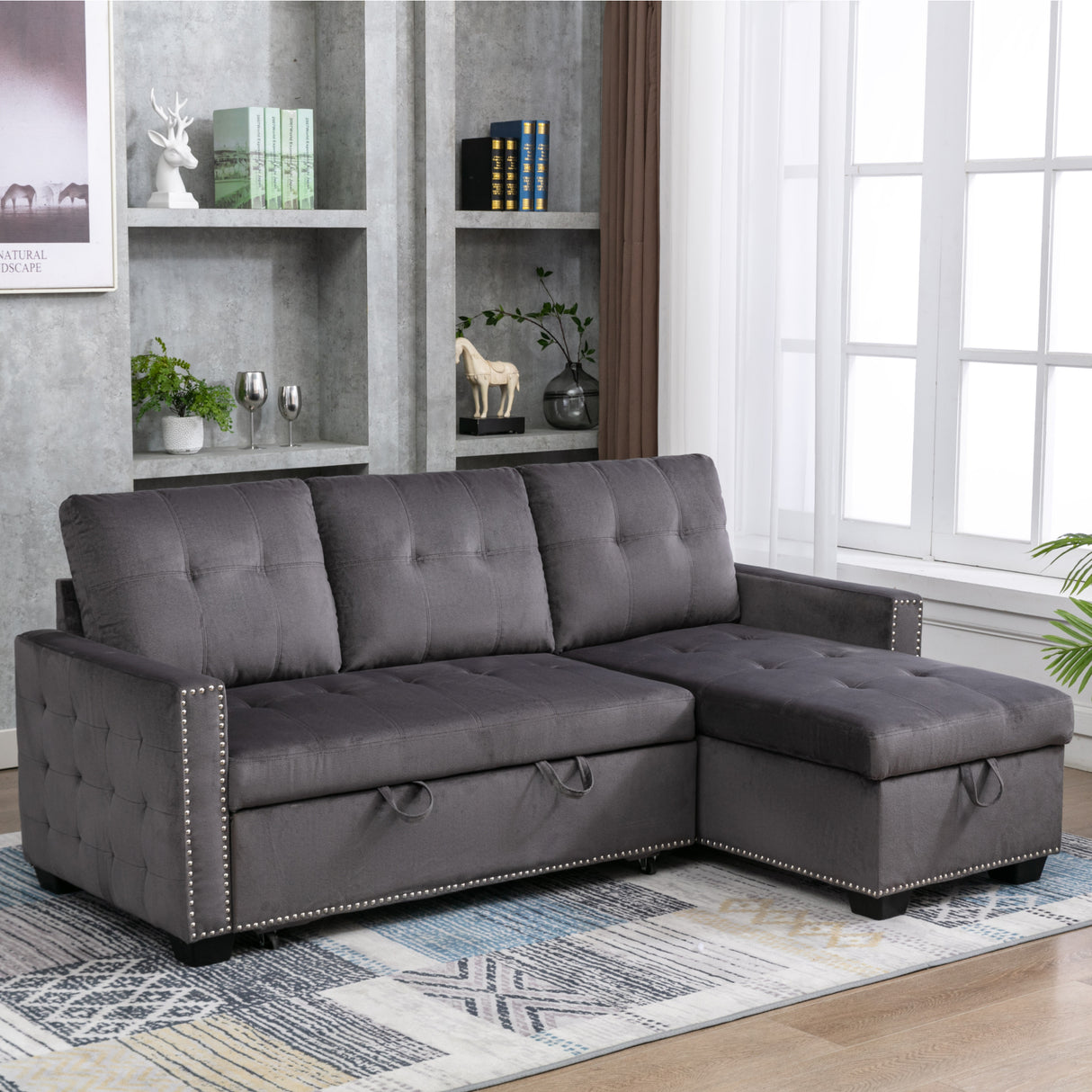 77 Inch Reversible Sectional Storage Sleeper Sofa Bed , L - Shape 2 Seat Sectional Chaise With Storage , Skin - Feeling Velvet Fabric ,Dark Grey Color For Living Room Furniture | Home Elegance USA