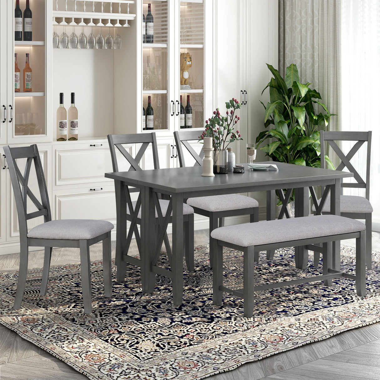 TREXM 6-Piece Family Dining Room Set Solid Wood Space Saving Foldable Table and 4 Chairs with Bench for Dining Room (Gray) - Home Elegance USA