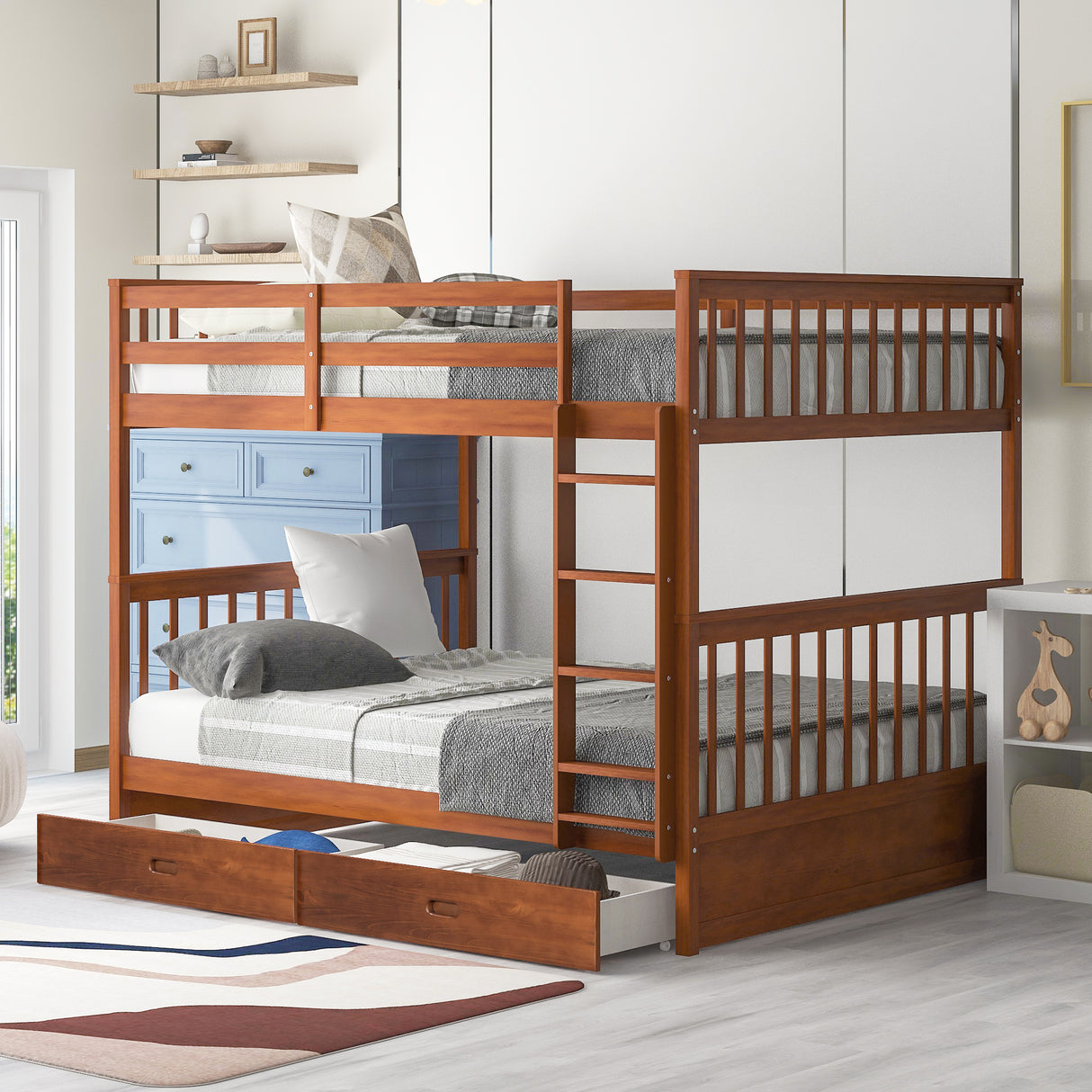 Full-Over-Full Bunk Bed with Ladders and Two Storage Drawers (Walnut) - Home Elegance USA