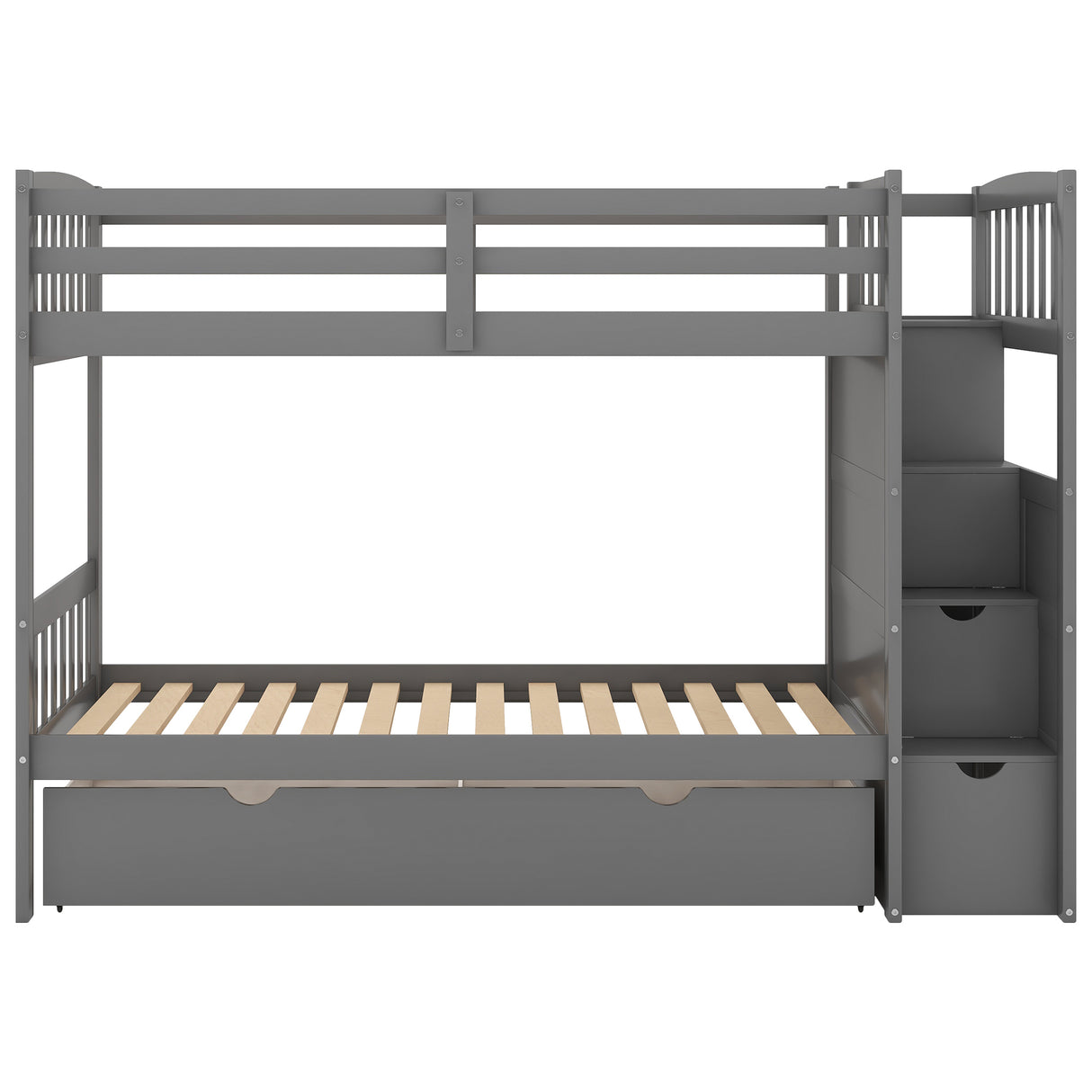 Twin over Full/Twin Bunk Bed, Convertible Bottom Bed, Storage Shelves and Drawers, Gray - Home Elegance USA